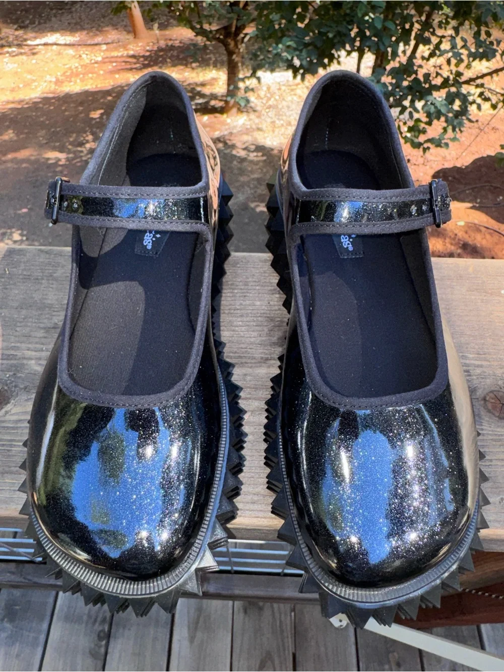 Choclaticas Black Cobra Patent Platform Mary Janes with Geometric Stud Sole